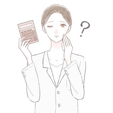 Hesap makineli kadın doktor, şüpheleri var. Beyaz arkaplanda.