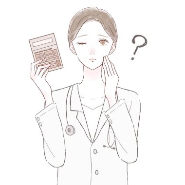 Hesap makineli kadın doktor, şüpheleri var. Beyaz arkaplanda.