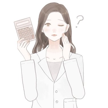 Hesap makineli kadın doktor, şüpheleri var. Beyaz arkaplanda.