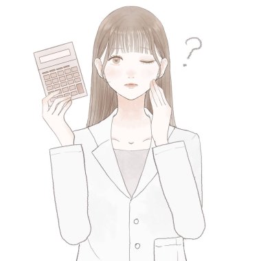 Hesap makineli kadın doktor, şüpheleri var. Beyaz arkaplanda.