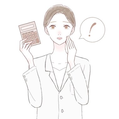 Hesap makinesiyle şaşırmış bir kadın doktor. Beyaz arkaplanda.