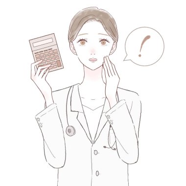 Hesap makinesiyle şaşırmış bir kadın doktor. Beyaz arkaplanda.