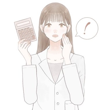 Hesap makinesiyle şaşırmış bir kadın doktor. Beyaz arkaplanda.