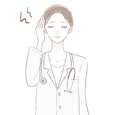 Baş ağrısı çeken bir kadın doktor. Beyaz arkaplanda.