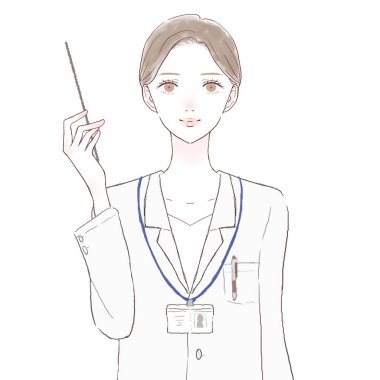 Kadın doktor talimat çubuğunu tutarken açıklıyor. Beyaz arkaplanda.