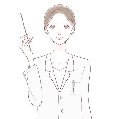 Kadın doktor talimat çubuğunu tutarken açıklıyor. Beyaz arkaplanda.