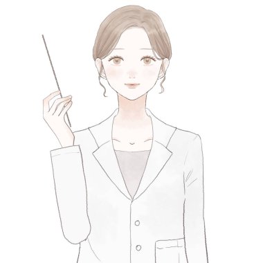 Kadın doktor talimat çubuğunu tutarken açıklıyor. Beyaz arkaplanda.