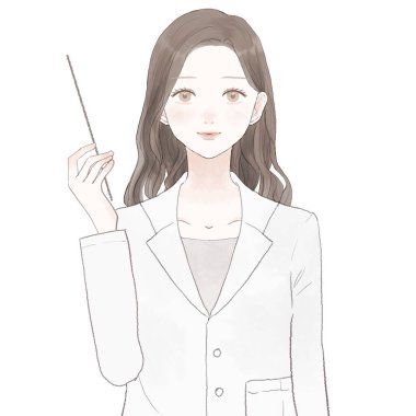 Kadın doktor talimat çubuğunu tutarken açıklıyor. Beyaz arkaplanda.