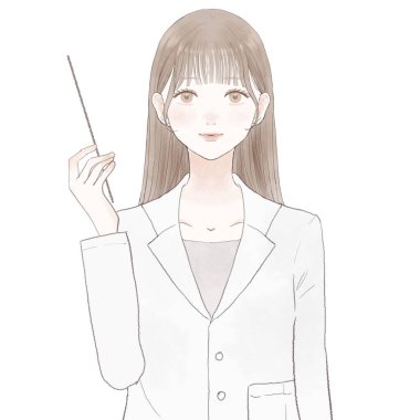 Kadın doktor talimat çubuğunu tutarken açıklıyor. Beyaz arkaplanda.