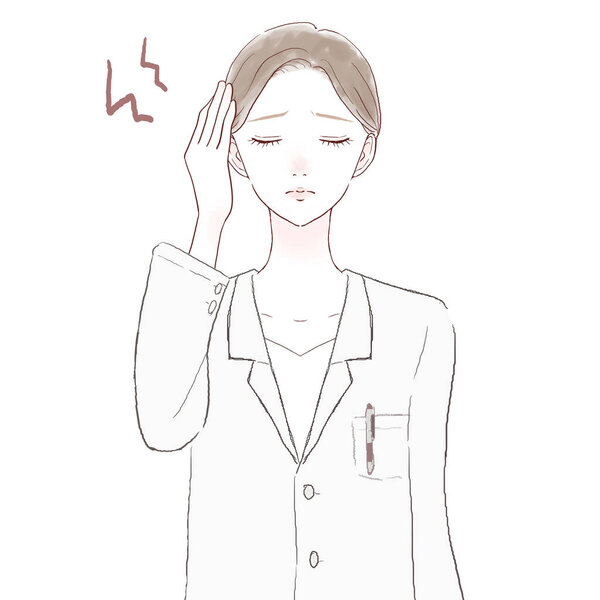 Женщина-врач страдает от головной боли. На белом фоне.