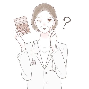 Hesap makinesi olan orta yaşlı bir kadın doktor. Şüpheleri var. Beyaz arkaplanda.