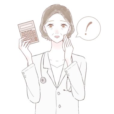 Hesap makineli orta yaşlı bir kadın doktor. Beyaz arkaplanda.