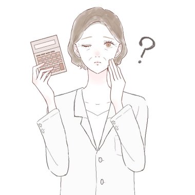 Hesap makinesi olan orta yaşlı bir kadın doktor. Şüpheleri var. Beyaz arkaplanda.