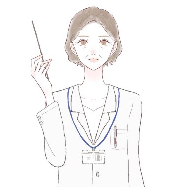 Orta yaşlı kadın doktor talimat çubuğuyla açıklıyor. Beyaz arkaplanda.