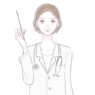 Orta yaşlı kadın doktor talimat çubuğuyla açıklıyor. Beyaz arkaplanda.