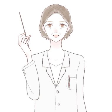 Orta yaşlı kadın doktor talimat çubuğuyla açıklıyor. Beyaz arkaplanda.