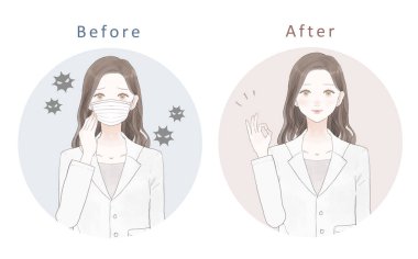 Nezle olan ve grip olan bir kadın doktorun öncesi ve sonrası. Dokumasız maske takan kadın doktor..