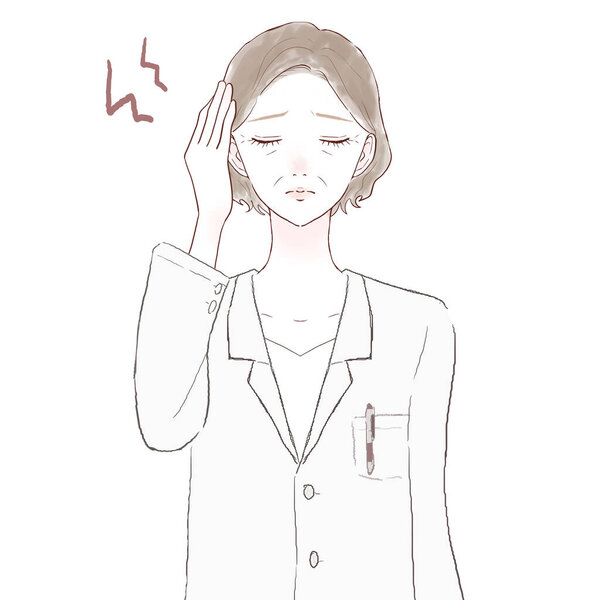 Женщина-врач средних лет страдает от головных болей. На белом фоне.