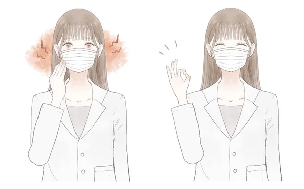 前と後の女性医師の摩擦や炎症のマスクを着用するために苦しんでいる — ストックベクタ