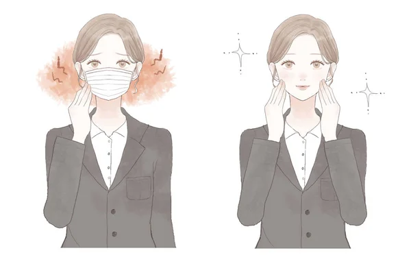 マスクを着用して摩擦や皮膚の炎症に苦しんでいる女性の前と後 — ストックベクタ