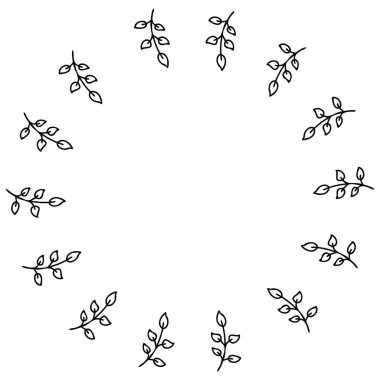 Elle çizilmiş yapraklar yuvarlak. Poster, tebrik kartı ve parmak izi için mükemmel. Dekor ve tasarım için çizgi film biçimi vektör çizimi.