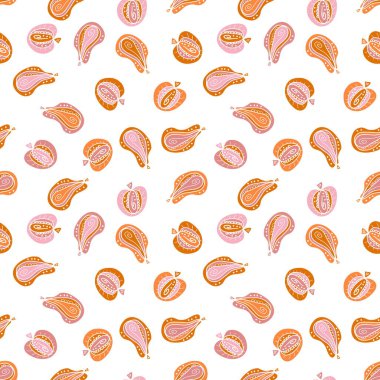 Pastel, soyut elma ve armutlarla dikişsiz sonbahar deseni. Tişört, tekstil ve parmak izleri için mükemmel. Dekor ve tasarım için el çizimi illüstrasyon.