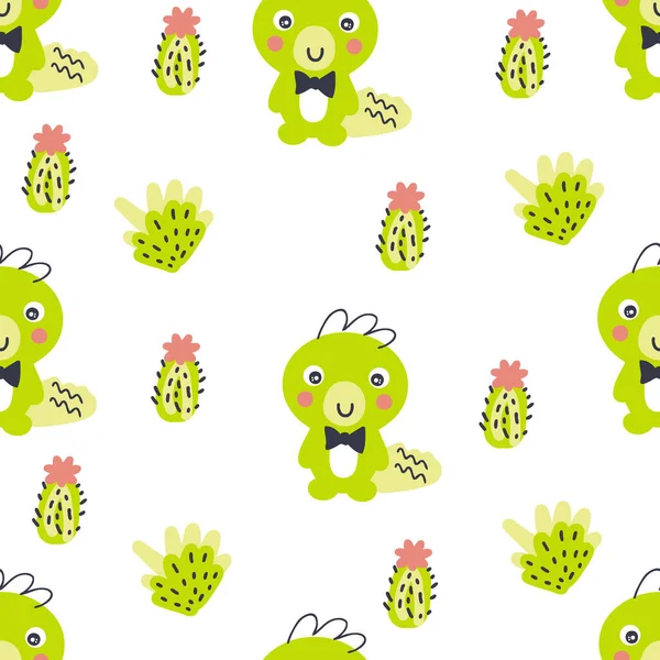 Modèle Sans Couture Dessiné Main Avec Des Dinosaures Des Cactus — Image vectorielle