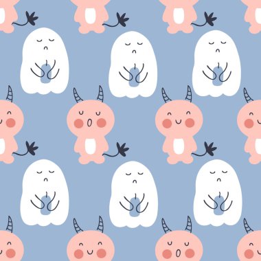 Hayalet ve iblislerin mum üflediği kusursuz bir düzen. Tişört, tekstil ve parmak izleri için mükemmel. Dekor ve tasarım için el çizimi vektör çizimi.