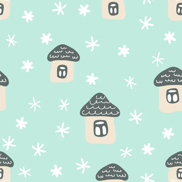 Met Hand Getekend Winter Naadloos Patroon Met Huizen Sneeuwvlokken Perfect — Stockvector