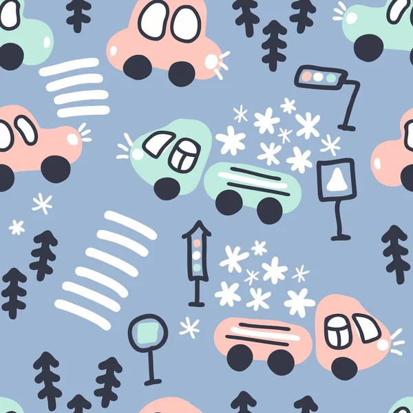 Winter Naadloos Patroon Van Vrachtwagens Met Sneeuw Perfect Voor Shirt — Stockvector