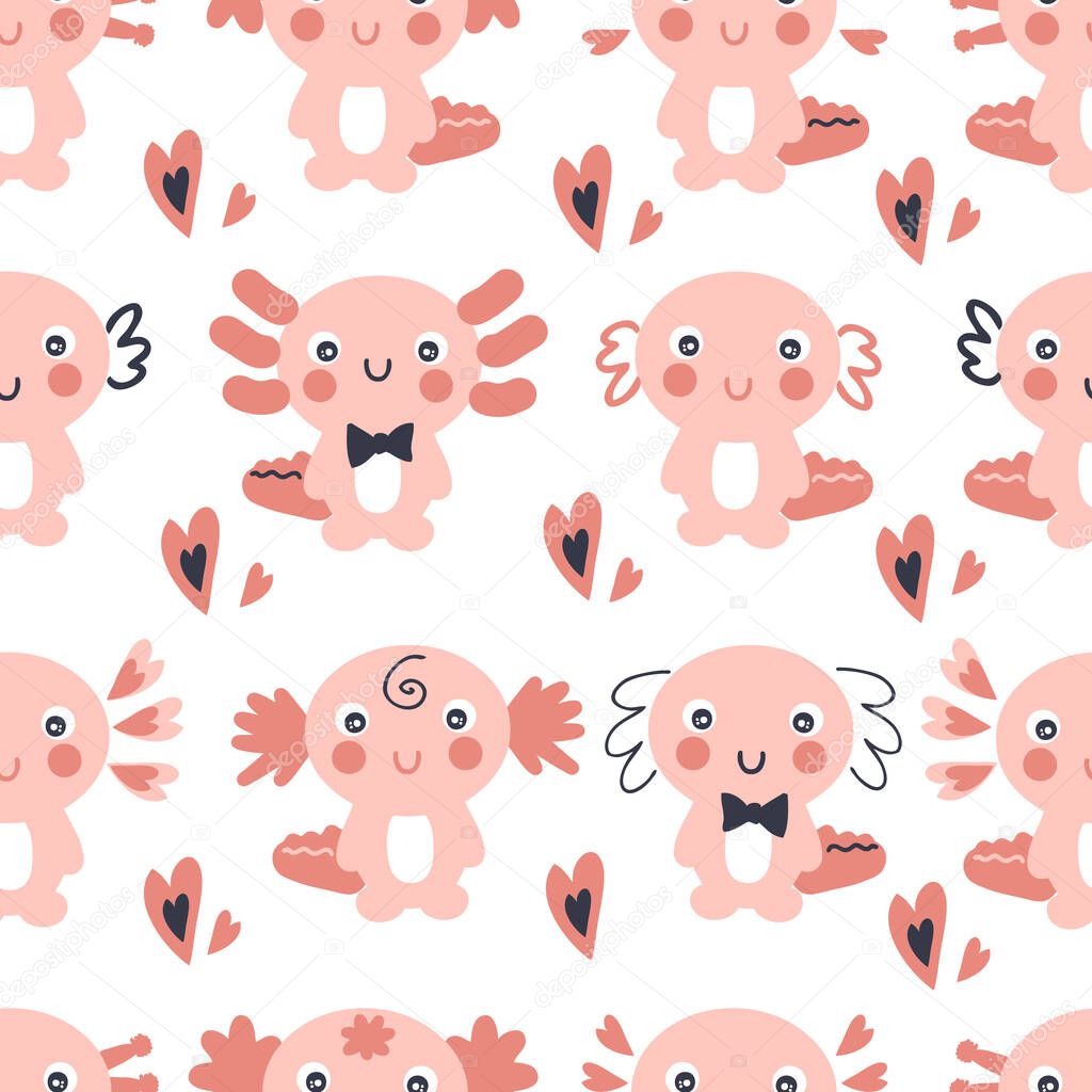 Hand drawn valentine seamless pattern with axolotls and hearts. Perfect for T-shirt, textile and prints. Cartoon style vector illustration for decor and design.