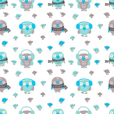 El çizimi, baykuşlar ve küçük kuşlarla dikişsiz kış deseni. Tişört, tekstil ve parmak izleri için mükemmel. Dekor ve tasarım için çizgi film stili çizimi.