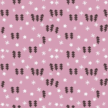 Noel ağaçları ve kar taneleri ile karasız kış desenleri. Tişört, tekstil ve parmak izleri için mükemmel. Dekor ve tasarım için el çizimi illüstrasyon.