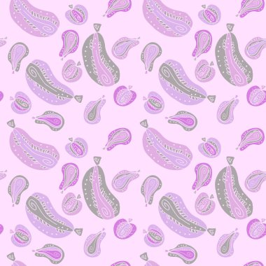 Soyut kabak, elma ve armutla kusursuz bir desen. Tişört, tekstil ve parmak izleri için mükemmel. Dekor ve tasarım için el çizimi illüstrasyon.