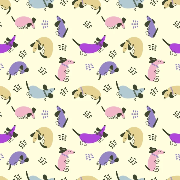 Bright multicolor summer seamless pattern of playing dachshunds and drops. Design for T-shirt, textile and prints. Hand drawn illustration.