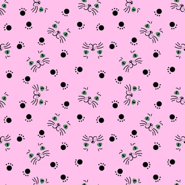 Kedi ağızlıkları ve pençeleri olan kusursuz bir desen. Albüm, poster, tekstil ve parmak izleri için mükemmel. Dekor ve tasarım için el çizimi illüstrasyon.