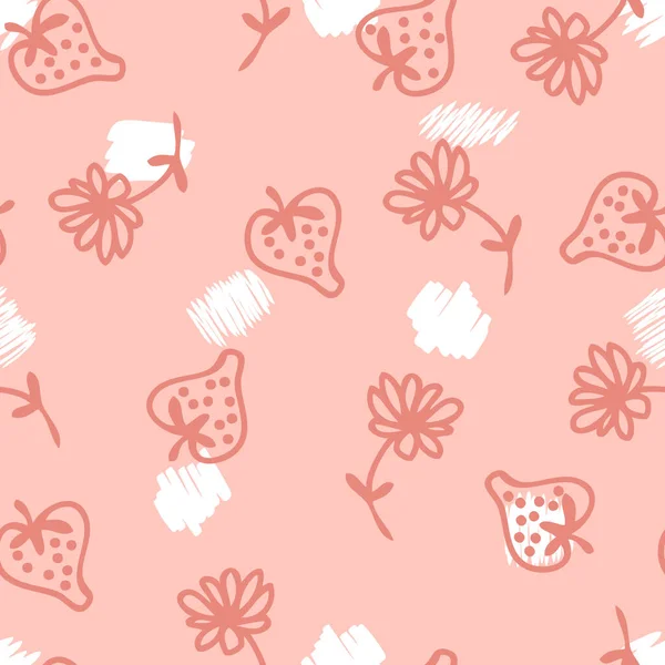 Doodle Style Strawberries Flowers Seamless Pattern Perfect Scrapbooking Textile Prints — Stock Vector