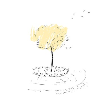 Sonbahar ağacının el çizimi. Tişört, poster, tekstil ve parmak izi için mükemmel. Dekor ve tasarım için Doodle vektör çizimi.