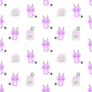 Cadılar Bayramı 'nda hayaletler ve şeytanlarla kusursuz bir düzen. Tişört, tekstil ve parmak izleri için mükemmel. Dekor ve tasarım için el çizimi illüstrasyon.