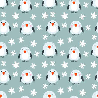 Çizgi film stili kar taneleri pürüzsüz desenli kış kuşları. Tişört, tekstil ve parmak izleri için mükemmel. Dekor ve tasarım için el çizimi illüstrasyon.