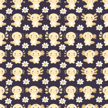 Aksiyotlu ve çiçekli el çizimi kusursuz desen. Tişört, tekstil ve parmak izleri için mükemmel. Dekor ve tasarım için çizgi film stili çizimi.