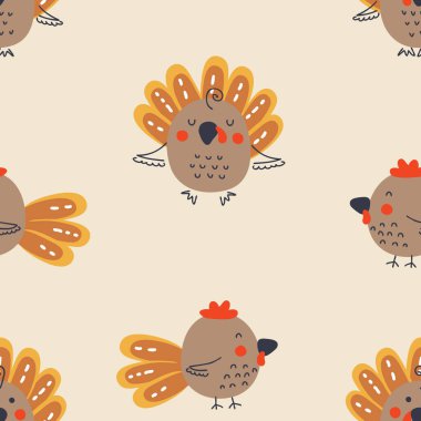 Çizgi film stili Şükran Günü, hindiler ve horozlarla kusursuz desen. Tişört, kartpostal, tekstil ve parmak izi için mükemmel. Dekor ve tasarım için Doodle vektör çizimi.