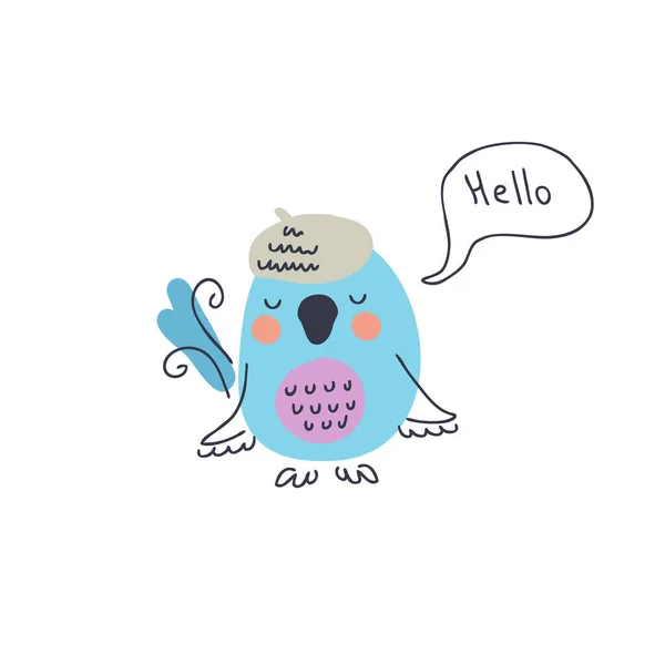 Pássaro Azul Bonito Dizer Olá Ilustração Vetorial Rolo Peito Lilás — Vetor de Stock