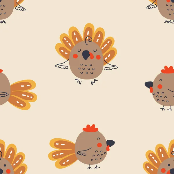 漫画スタイル七面鳥と鶏と感謝祭シームレスなパターン Tシャツ ポストカード テキスタイル プリントに最適です 装飾やデザインのための落書きベクトルイラスト — ストックベクタ