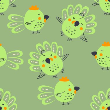 Hindiler ve horozlarla çizgi film tarzı kusursuz desen. Tişört, kartpostal, tekstil ve parmak izi için mükemmel. Dekor ve tasarım için Doodle vektör çizimi.