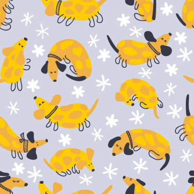 Benekli dachshundlar ve kar taneleri ile karasız kış desenleri. Tişört, kartpostal, tekstil ve parmak izi için mükemmel. Dekor ve tasarım için el çizimi vektör çizimi.