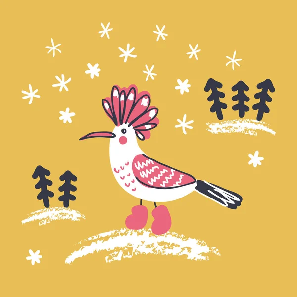 クリスマスツリーと雪の結晶と冬のフープ鳥 Tシャツ ポスター テキスタイル プリントに最適です 装飾やデザインのための手描きベクトルイラスト — ストックベクタ
