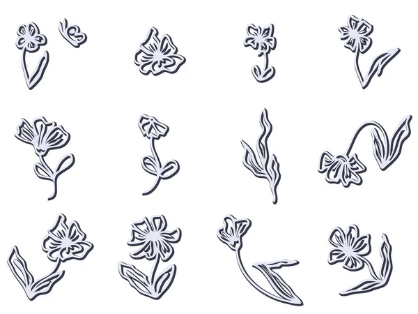 Gümüş Metal Karalama Çiçekleri Yapraklar Koleksiyonu Dekor Tasarım Için Çizimi — Stok Vektör
