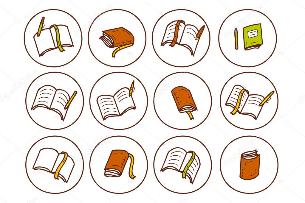 Story highlight set of school books and textbooks icons. Learning and education symbol doodle set. Hand drawn vector illustration.