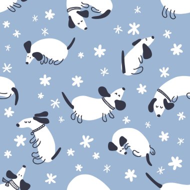 Dachshunds ve kar taneleri ile elle çizilmiş dikişsiz kış deseni. Tişört, kartpostal, tekstil ve parmak izi için mükemmel. Dekor ve tasarım için Doodle vektör çizimi.